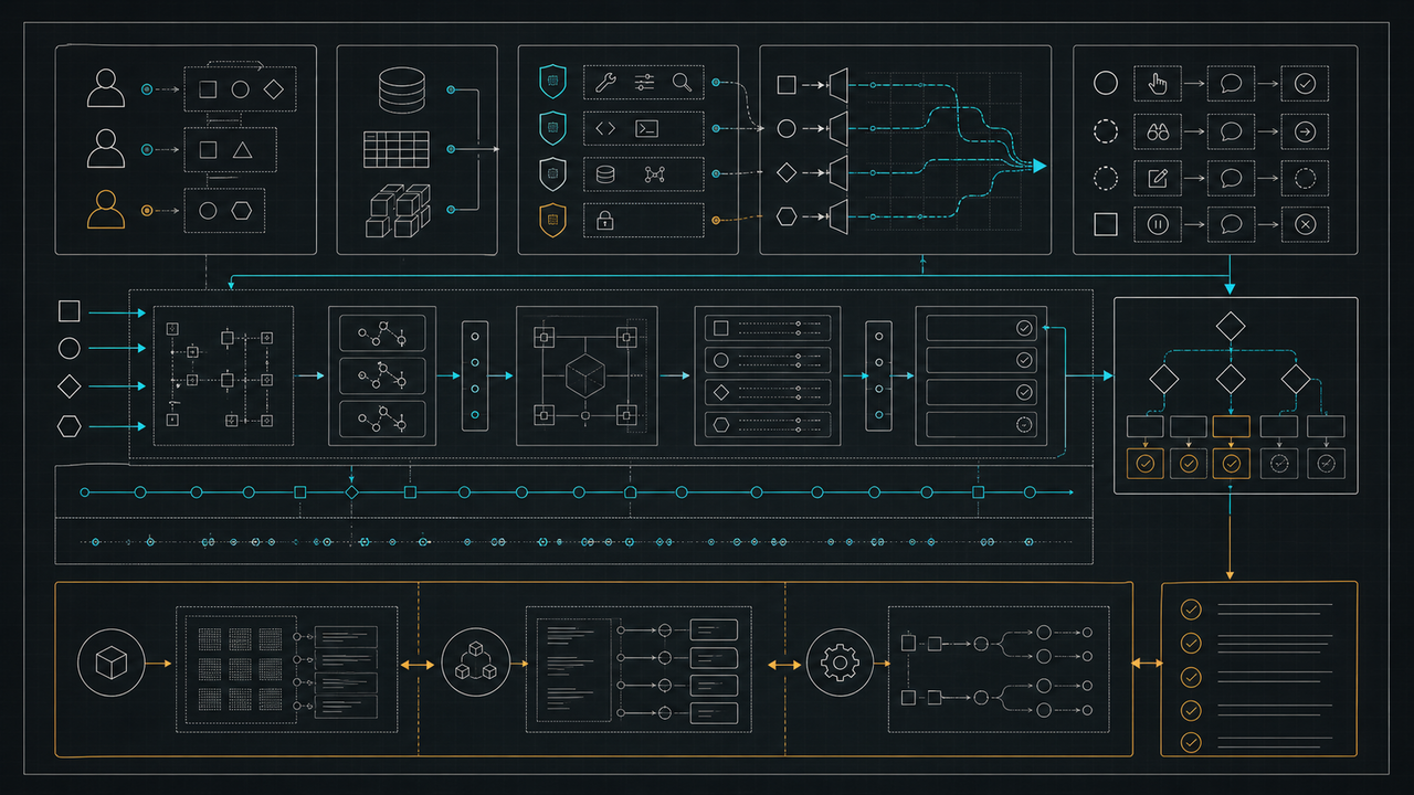Dunkler System-Bauplan mit Rollen-, Speicher-, Tool-Zugriffs-, Datenfluss-, Trace-, Evaluations-, Übergabe- und Abnahmepunkten