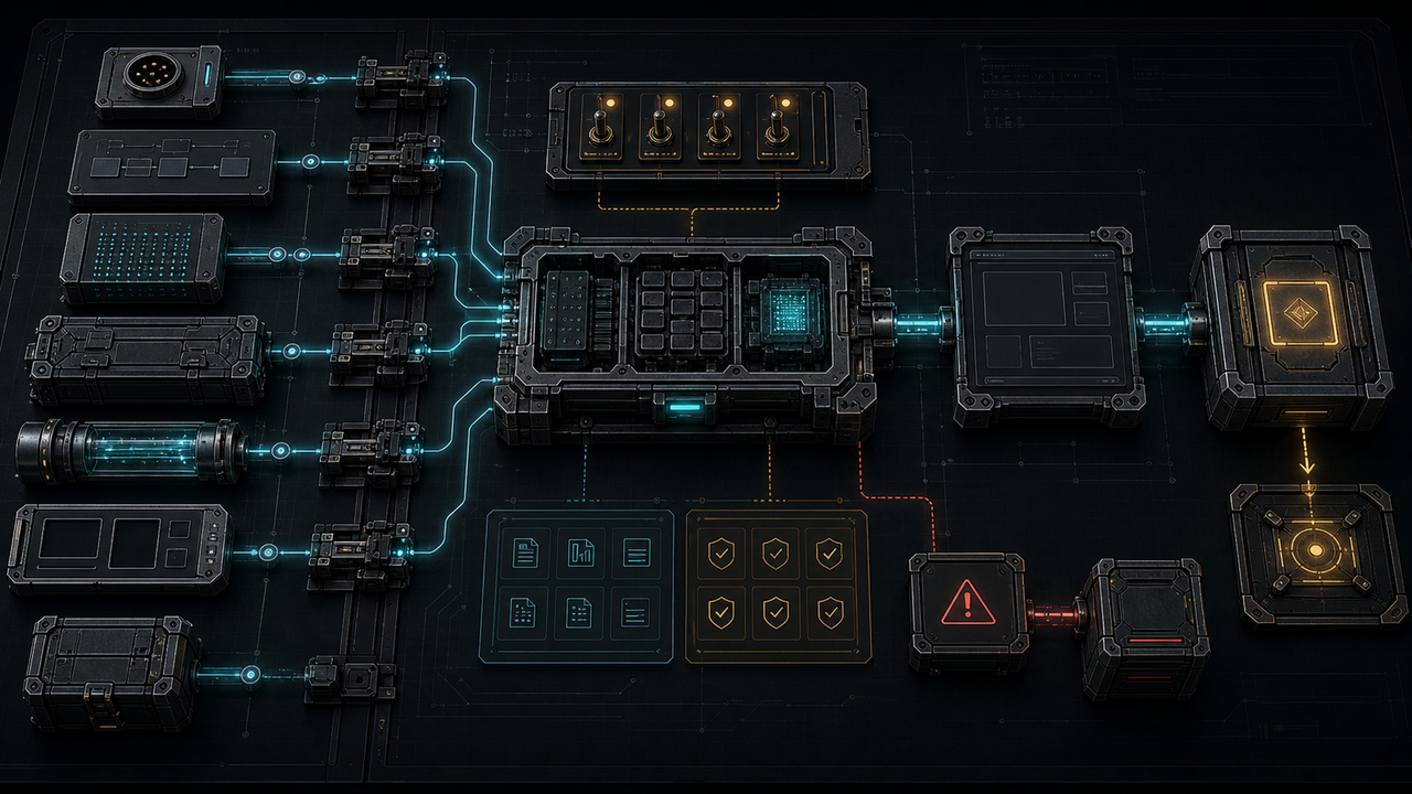 Dark engineering assembly line with API socket, data-model plate, inference module, agentic operating layer, streaming path, failure branch, feature flags and handover point