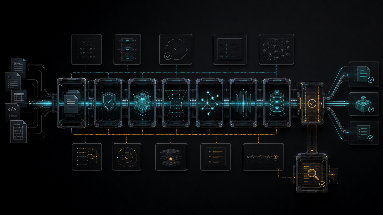 Dark RAG backbone with parsing, permissions, embeddings, graph, re-ranking, source-weighting, evidence-log and review chambers