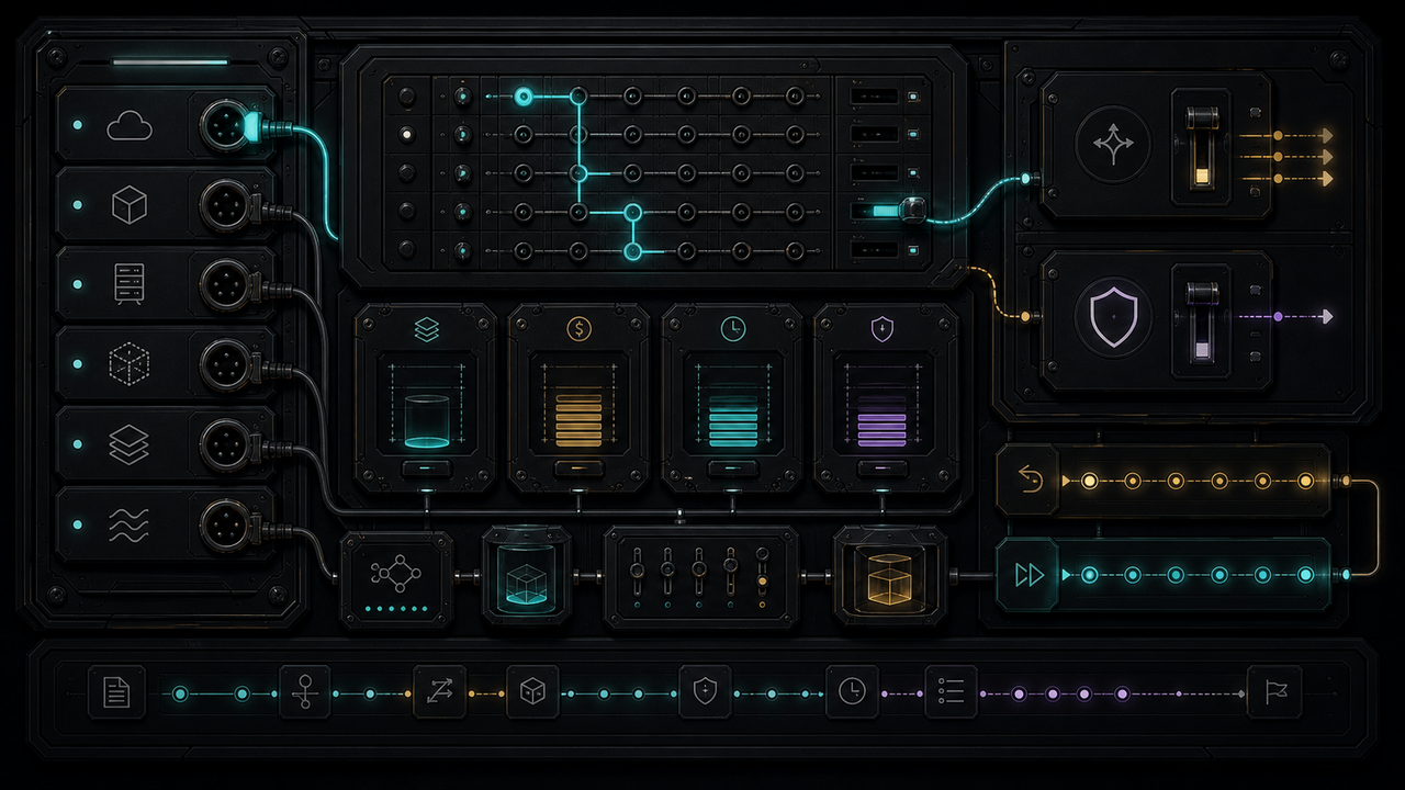 Dark routing switchboard with model sockets, context, cost, latency and privacy budgets, fallback switch and attribution trail