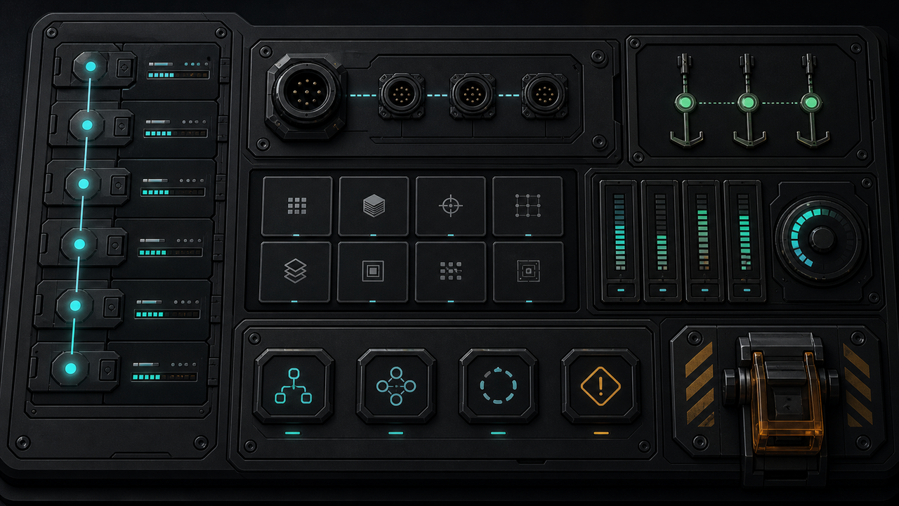 Dark agent cockpit with status spine, tool ports, source anchors, cost and latency meters and approval latch