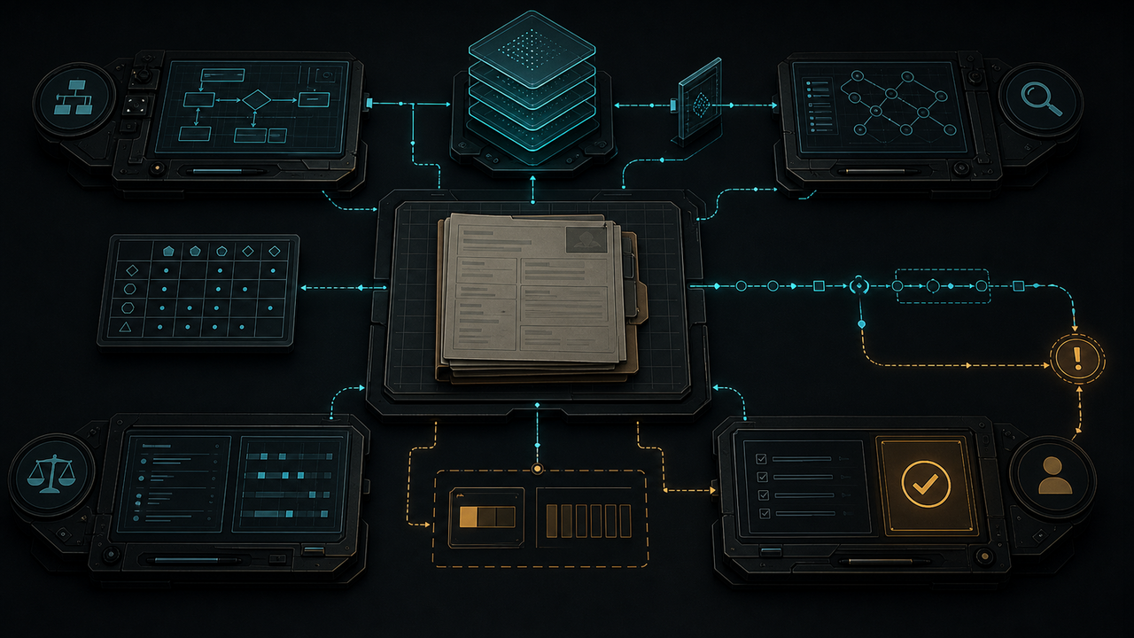 Dunkles Fall-Cockpit mit zentraler Akte, Agenten-Arbeitszellen, Rollenmatrix, Speicher-Stack, Regel-Gate, Trace-Linie und Wiederanlaufpfad