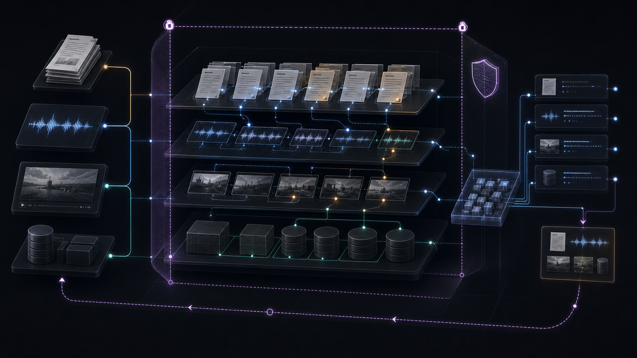 Dark knowledge space with document, meeting, video and database layers, rights boundary, provenance line, chunk tray and review path