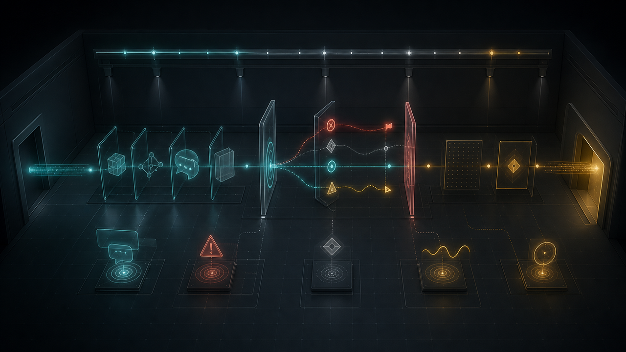 Dark real-time test chamber with dialogue state, interruption gate, consent boundary, fallback threshold, latency trace and handover exit