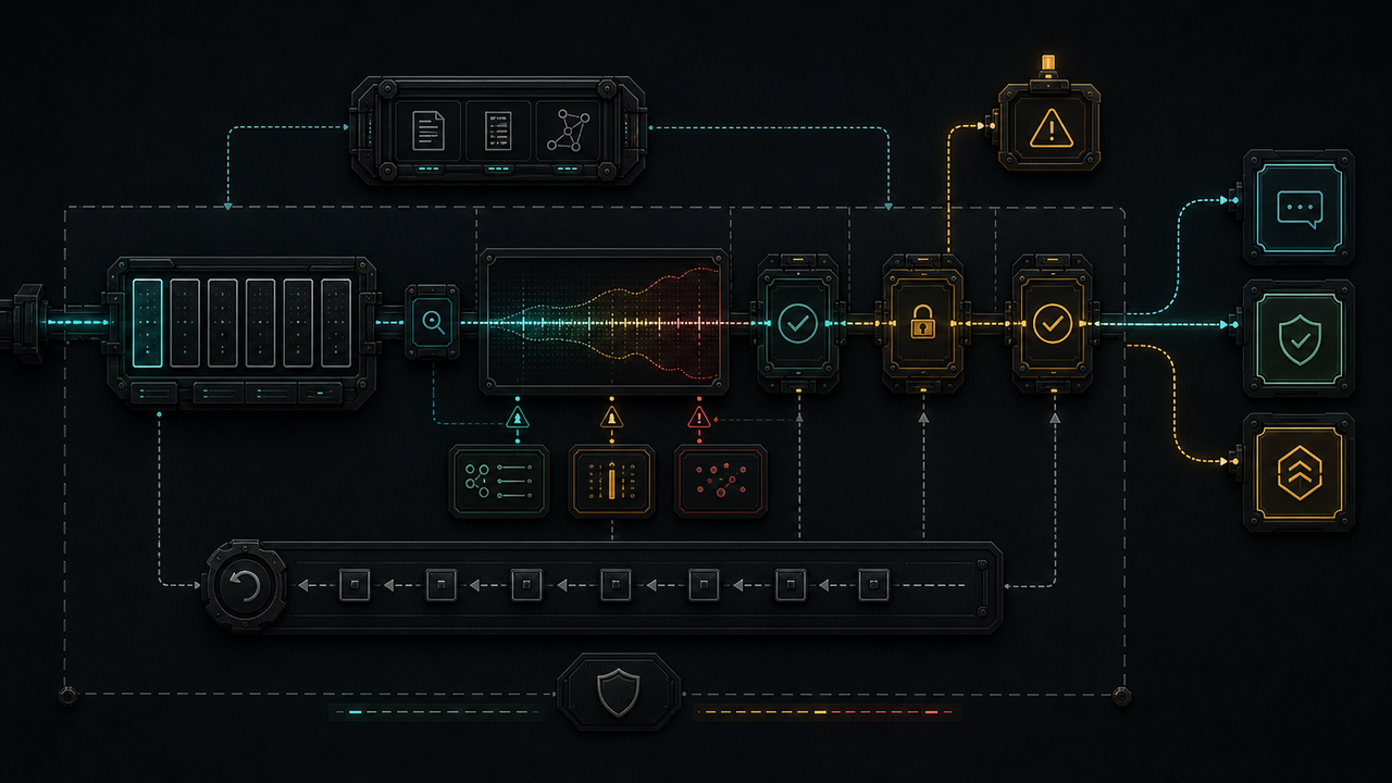 Dark control layer with review queue, uncertainty band, approval gates, rollback rail, audit capsule and escalation channel