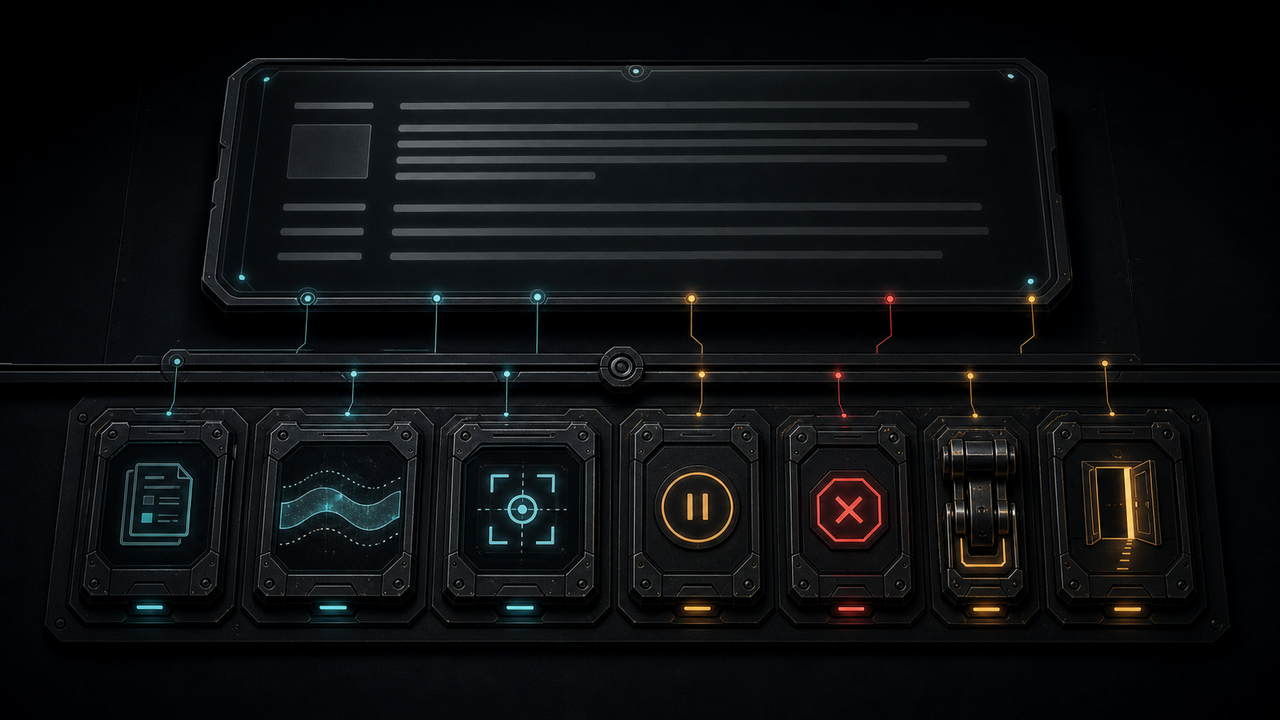 Dark responsibility interface with answer surface, source anchor, uncertainty band, intervention target, waiting state, cancel control, approval latch and handover exit