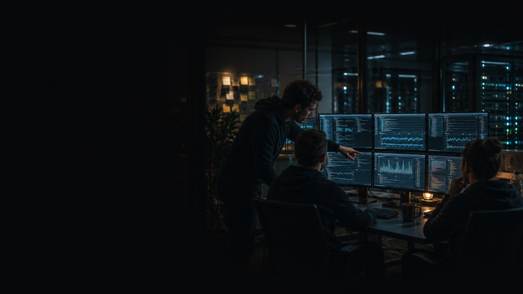 Projektmanager und Entwickler arbeiten in einem dunklen Kontrollraum an Monitoring-Displays