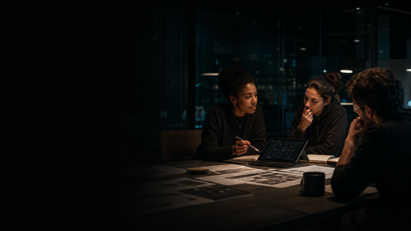 Casually dressed team discusses responsibility and control for an AI system in a working session