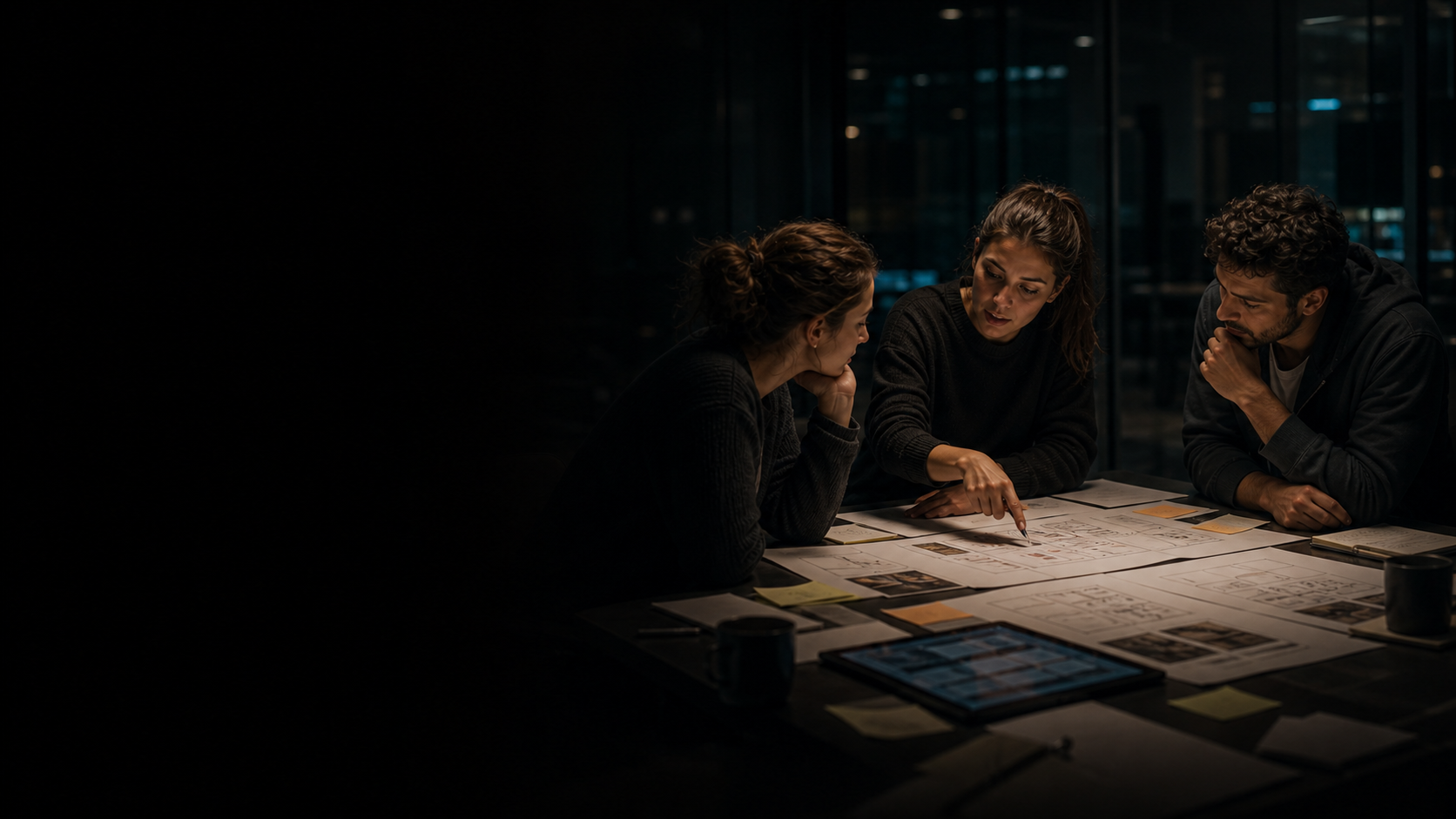 Diverse project group reviewing evidence papers and process notes at a dark review table