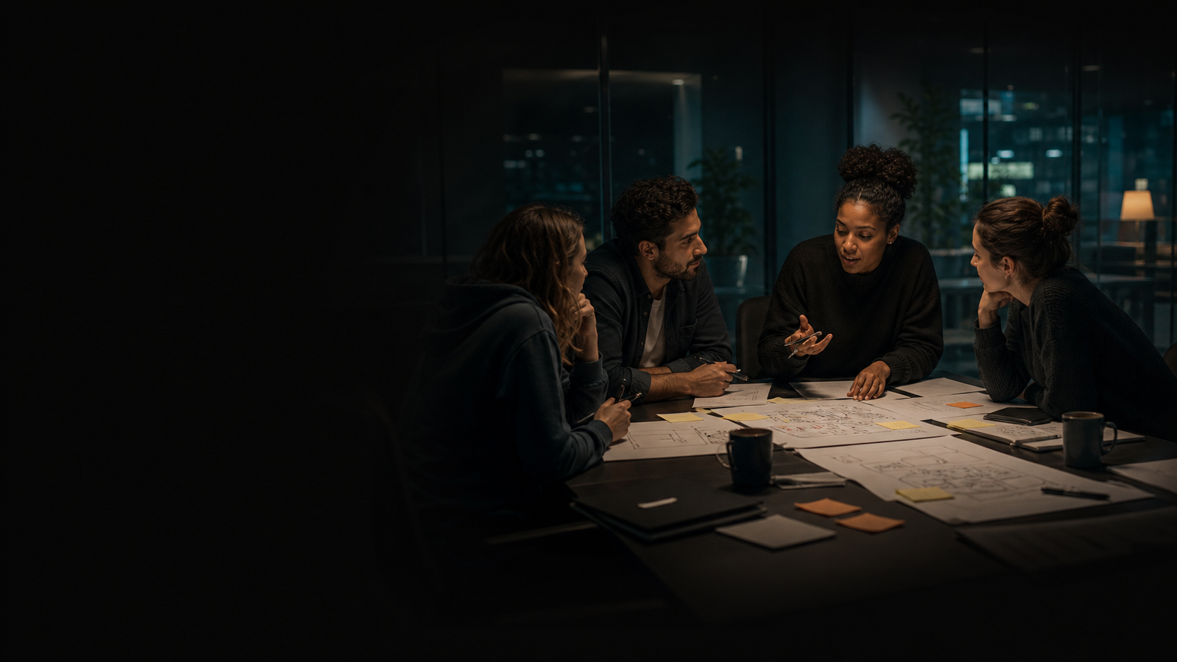 Locker gekleidetes Kundengespräch mit Projektmanagerin, Entwicklern und Stakeholdern an einem Workshop-Tisch