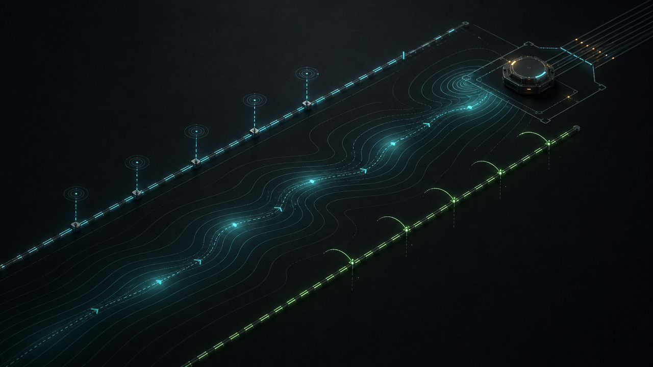 Calibration surface for latent state with drift corridor, boundary rails, evidence taps, orchestration rules and handover dock