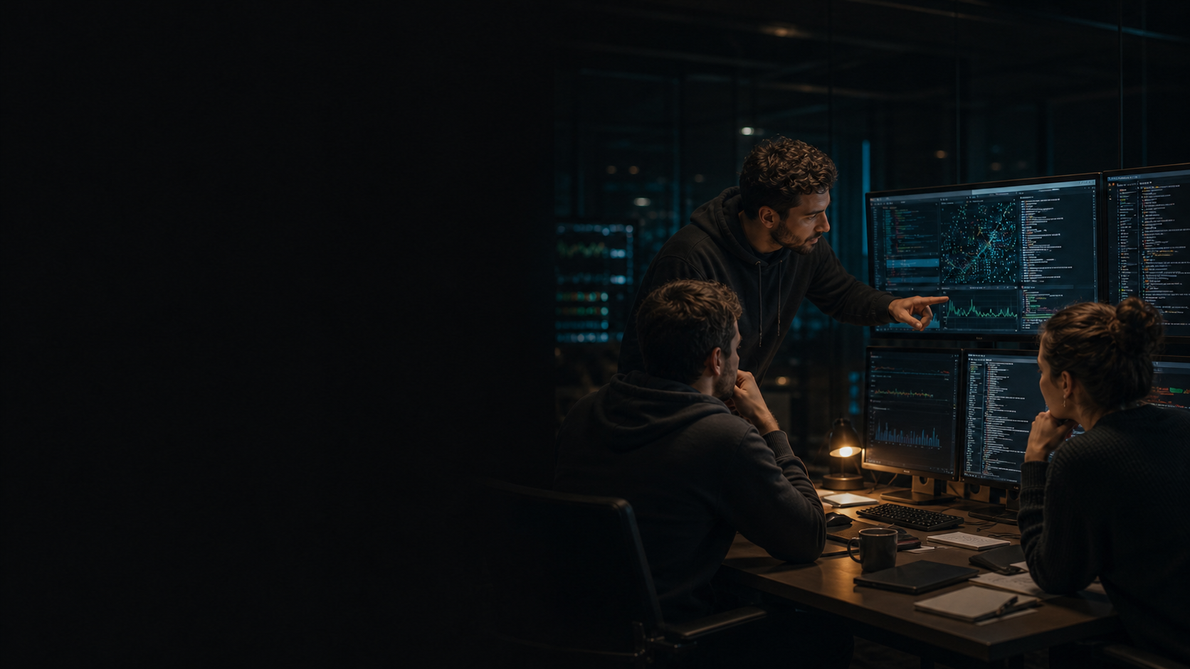 Diverse developers and a project lead reviewing monitoring displays in a dark control room