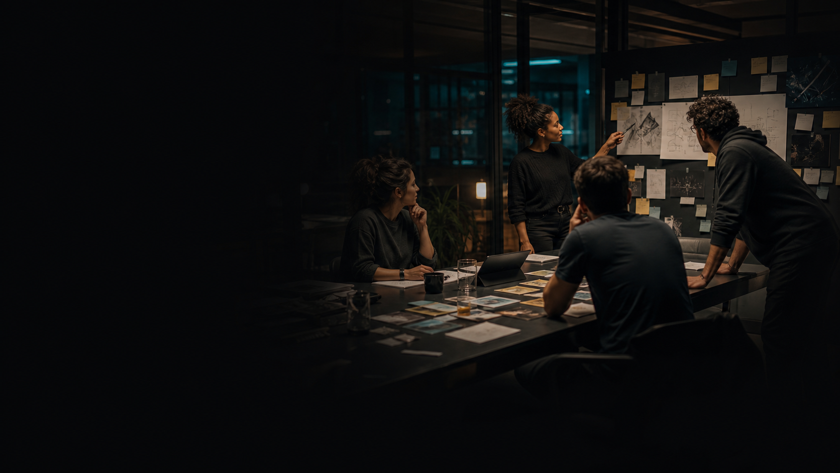 Casual workshop team planning system handover and working model at a dark project table